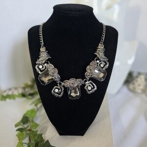 Oxidized Silver Statement Necklace with Smokey Grey Crystal Stones